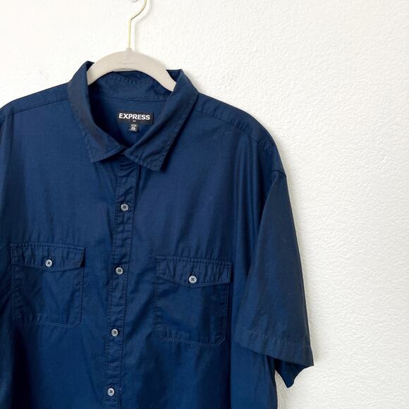 [Express] Blue Short Sleeve Casual Button Down Shirt 100% Cotton Metallic Sz XXL - Picture 5 of 10